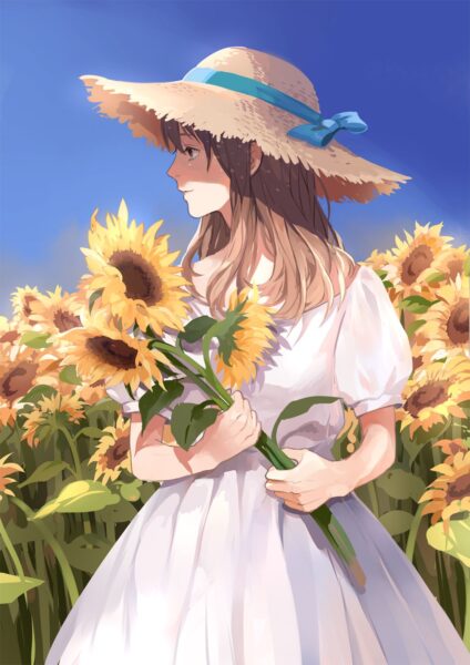 Hình ảnh anime hoa hướng dương và cô gái mặc váy trắng