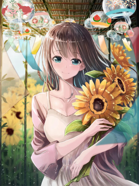 Hình ảnh anime hoa hướng dương và cô gái tóc dài ôm hoa