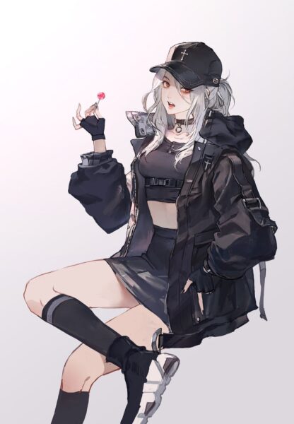 Hình hình ảnh anime phái nữ ngầu, lạnh lẽo lùng khoác áo khoác bên ngoài đen thui, tay vậy kẹo mút