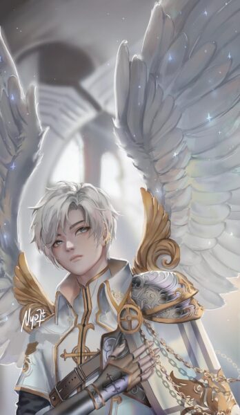 Hình ảnh thiên thần nam anime với mái tóc bạch kim