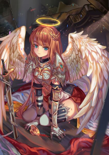 Hình ảnh anime nữ thiên thần chiến binh với vầng hào quang trên đầu