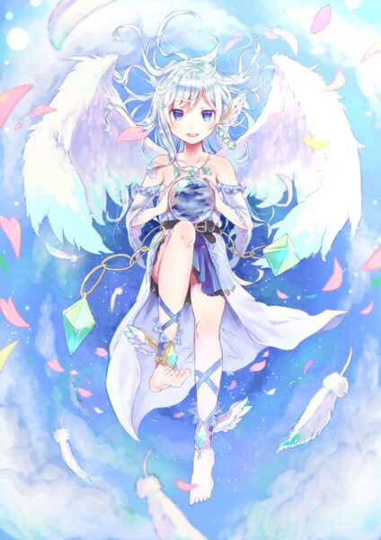 hình ảnh anime thiên thần với đôi mắt xanh đang cầm tinh cầu