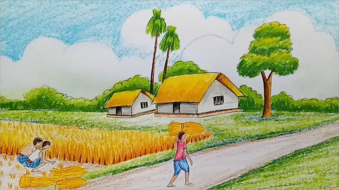 Vẽ Tranh Gặt Lúa Trên Cánh Đồng Đơn Giản Mà Đẹp