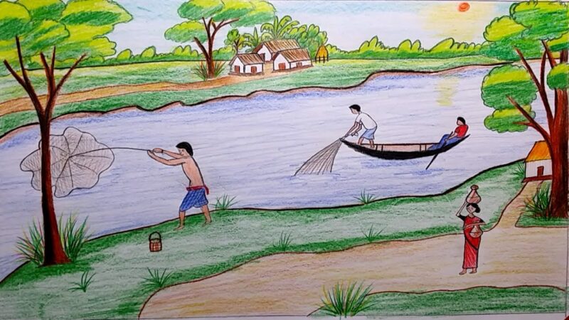 hình vẽ cuộc sống của người dân làm nghề sông nước