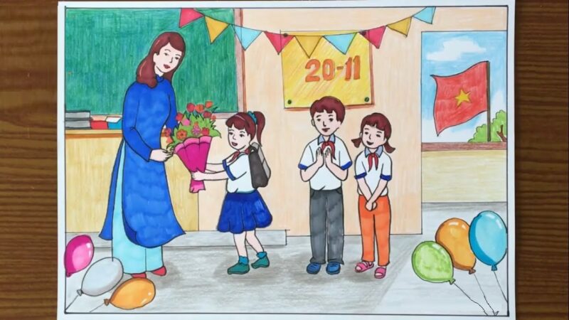 tranh vẽ nhà giáo Việt Nam cô và các bạn học sinh đẹp nhất