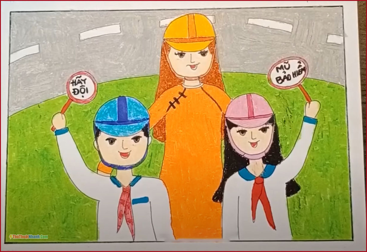 vẽ tranh đề tài đội mũ xinh bảo vệ chúng mình các bậc phụ huynh đội mũ bảo hiểm cho bé