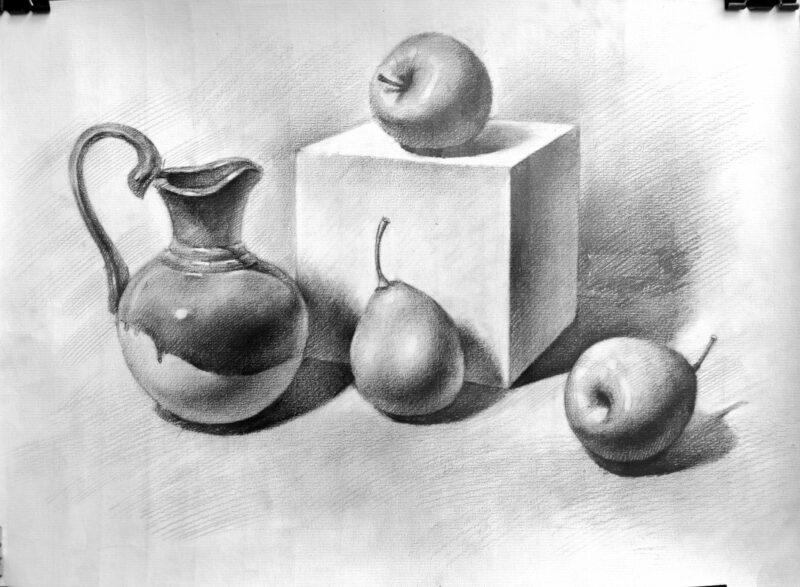bức tranh tĩnh vật bằng bút chì về lọ và trái cây