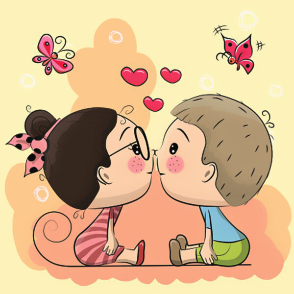 Cute Cartoon boy and girl are kissing on a yellow background