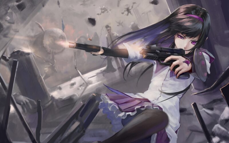 ảnh anime nữ cầm súng mặc đồ học sinh