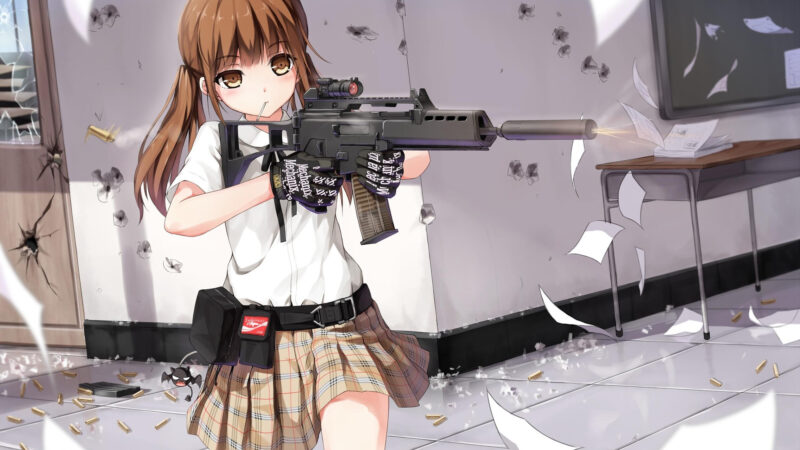 ảnh anime nữ cầm súng trong lớp học