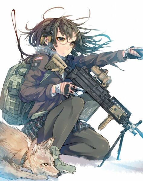 ảnh anime nữ cầm súng và chú chó