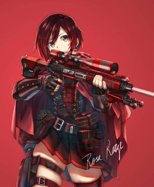 hình ảnh anime nữ cầm súng nền đỏ