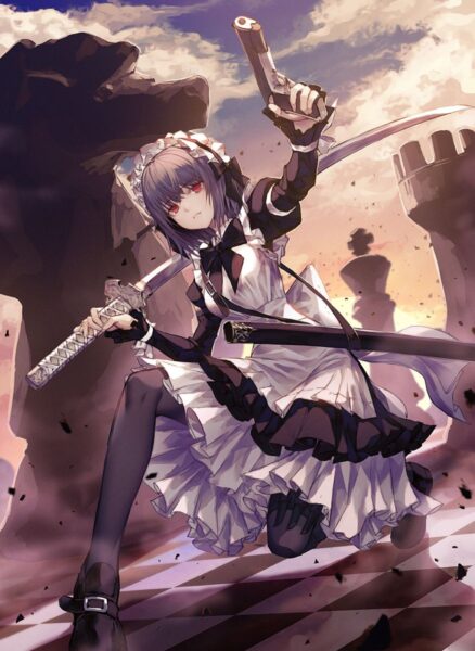 hình ảnh anime nữ cầm súng và kiếm