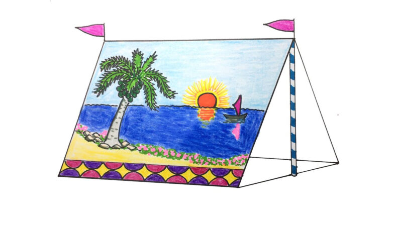 Vẽ tranh lều trại cảnh biển vào bình minh