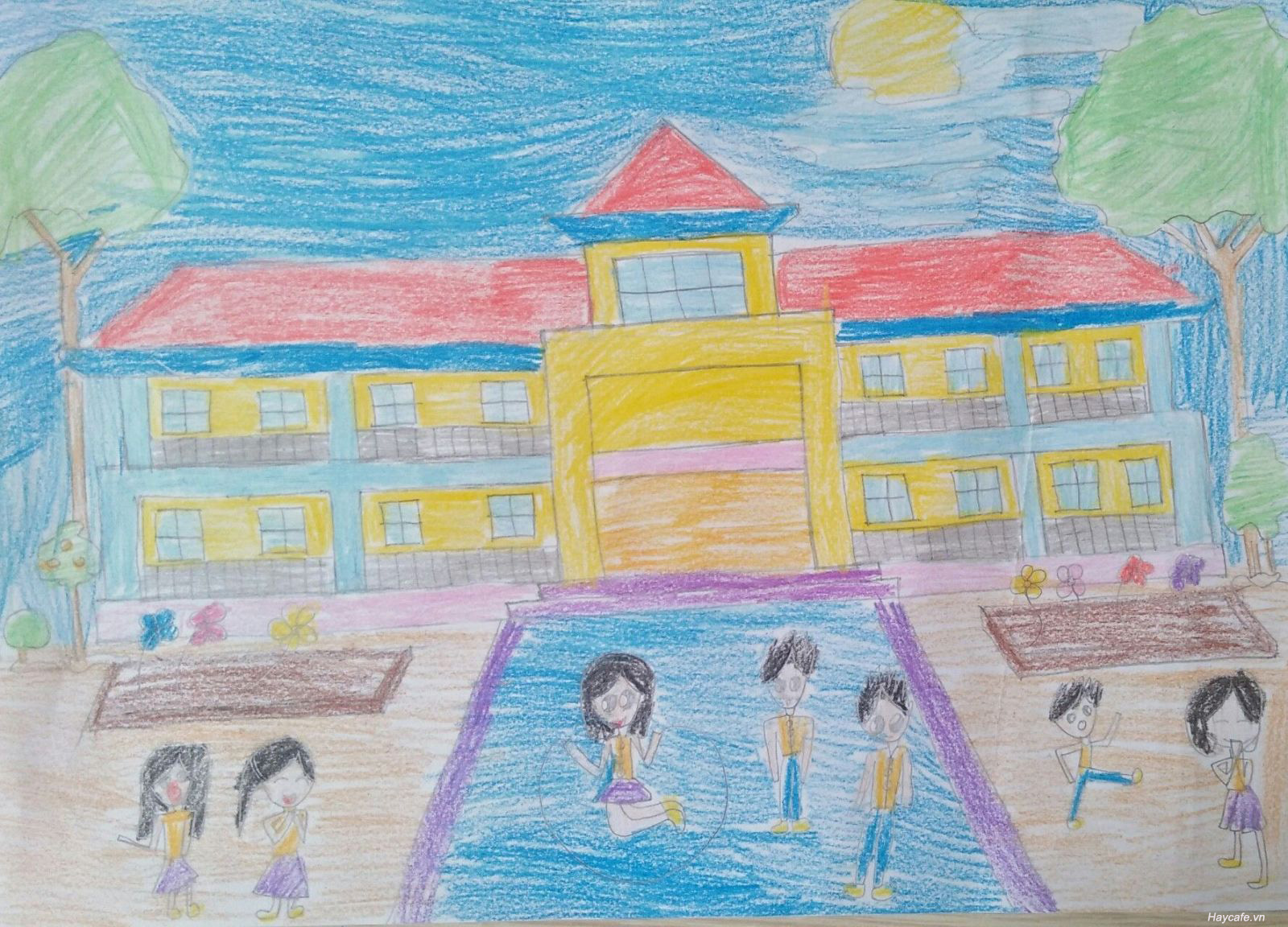 TOP 30 tranh vẽ Em vẽ trường học hạnh phúc 2023