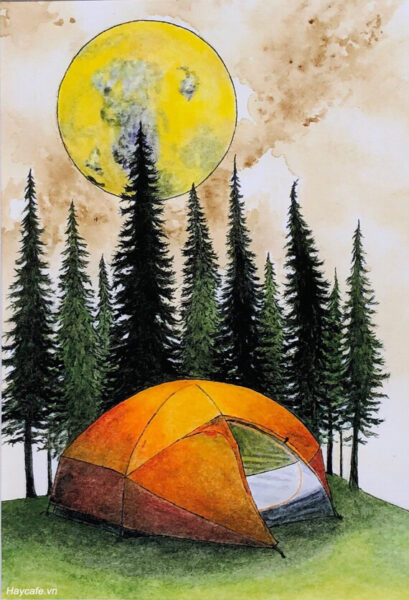 Vẽ tranh lều trại và ánh trăng
