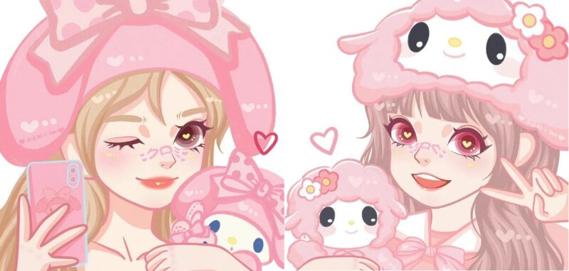 ảnh avatar đôi BFF đội mũ thỏ hồng